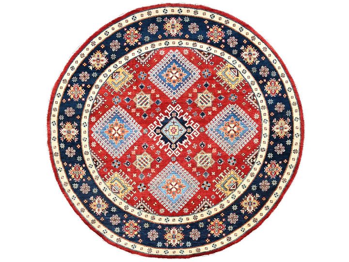 7'10" x 7'9" New Hand Knotted Red Wool Round Oriental Rug - MOA10285417