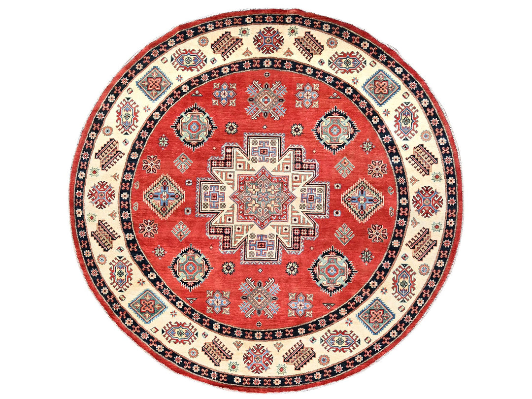 8'0" x 7'9" New Hand Knotted Red Wool Round Oriental Rug - MOA10285420