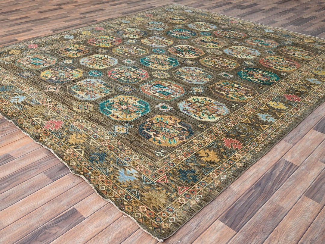 8'5" x 9'11" New Hand Knotted Green Wool Rectangle Oriental Rug - MOA10286341