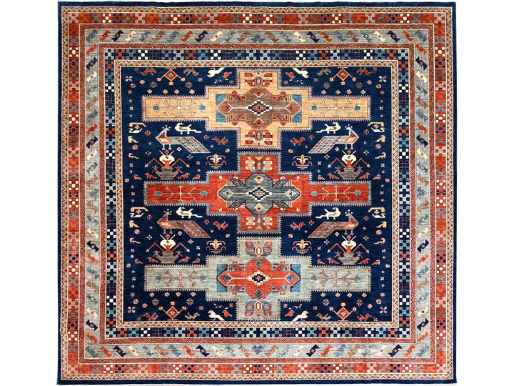 11'5" x 11'9" New Hand Knotted Blue Wool Square Oriental Rug - MOA10286409