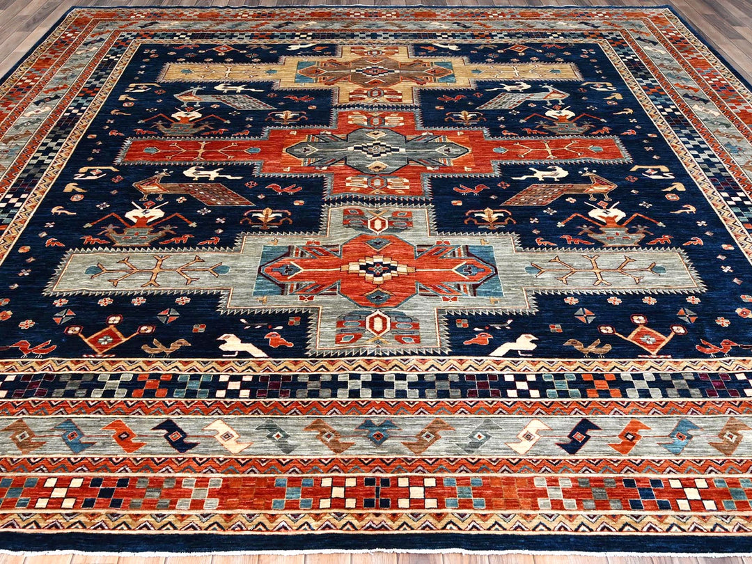 11'5" x 11'9" New Hand Knotted Blue Wool Square Oriental Rug - MOA10286409