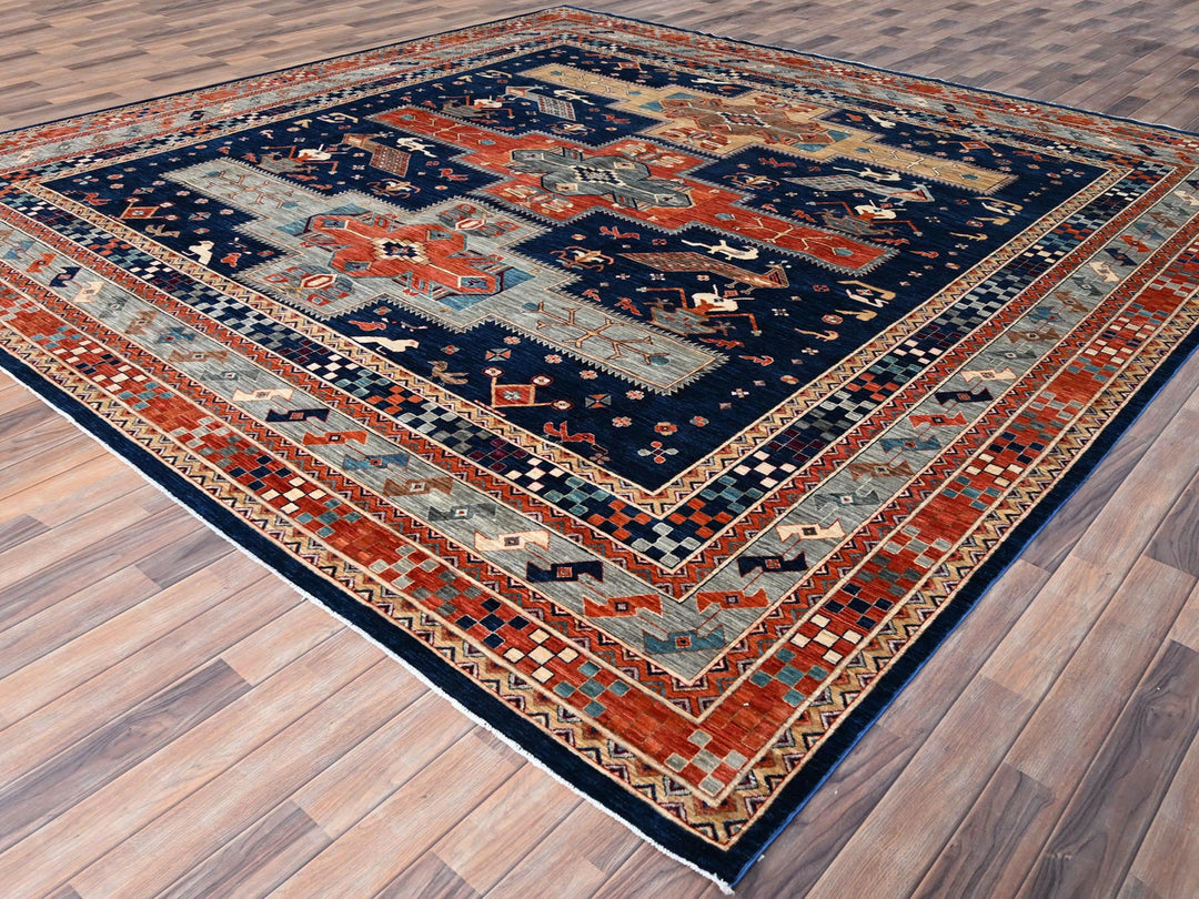 11'5" x 11'9" New Hand Knotted Blue Wool Square Oriental Rug - MOA10286409