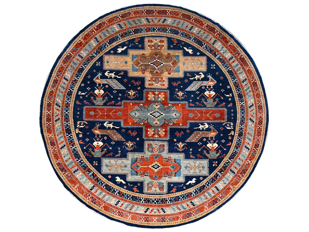 11'7" x 11'7" New Hand Knotted Blue Wool Round Oriental Rug - MOA10286410