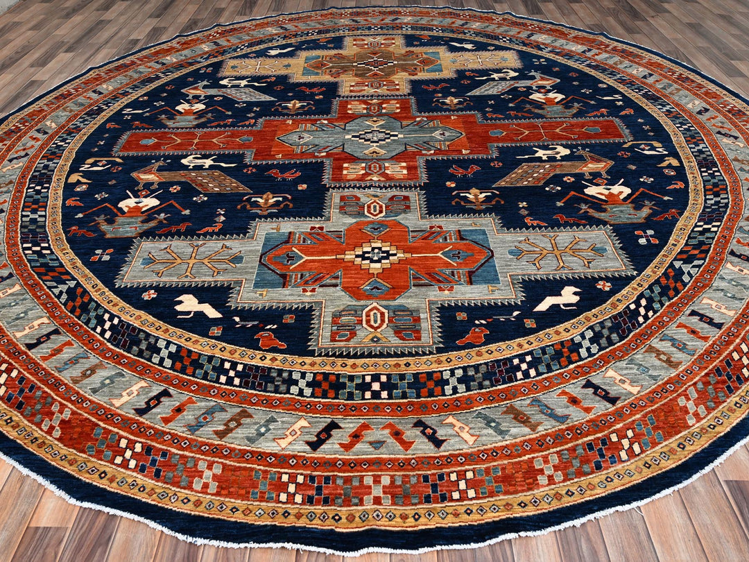 11'7" x 11'7" New Hand Knotted Blue Wool Round Oriental Rug - MOA10286410