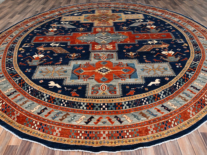 11'7" x 11'7" New Hand Knotted Blue Wool Round Oriental Rug - MOA10286410
