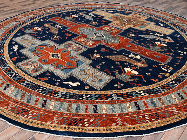 11'7" x 11'7" New Hand Knotted Blue Wool Round Oriental Rug - MOA10286410