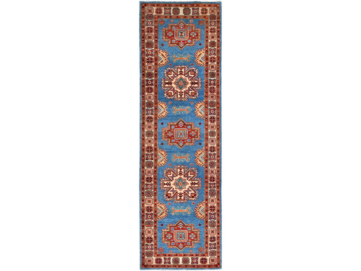 2'10" x 9'7" New Hand Knotted Blue Wool Runner Oriental Rug - MOA10286452