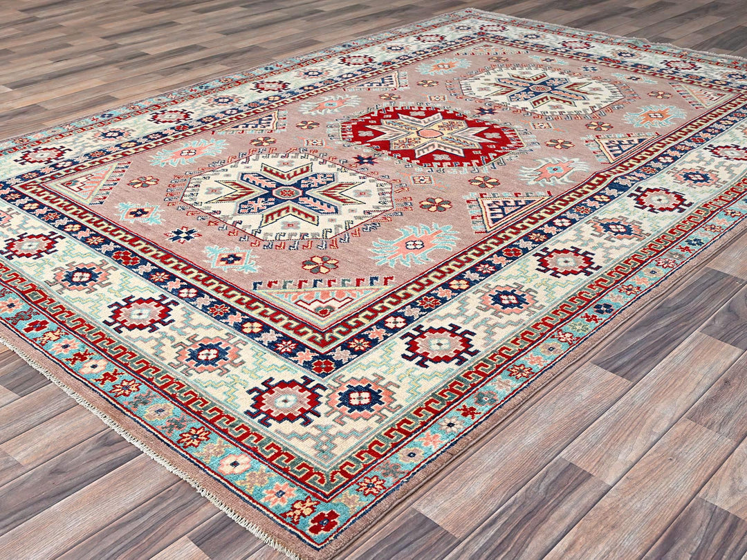 6'4" x 9'2" New Hand Knotted Pink Wool Rectangle Oriental Rug - MOA10286785