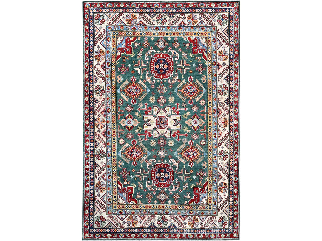 6'1" x 9'2" New Hand Knotted Green Wool Rectangle Oriental Rug - MOA10286804