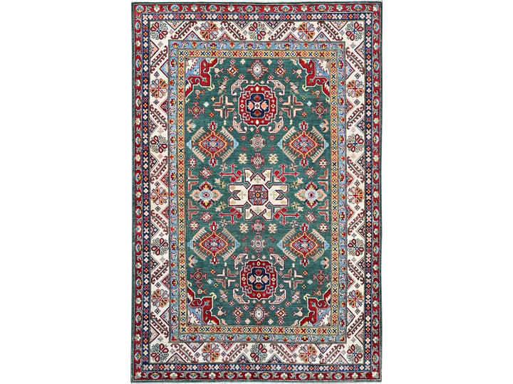 6'1" x 9'2" New Hand Knotted Green Wool Rectangle Oriental Rug - MOA10286804