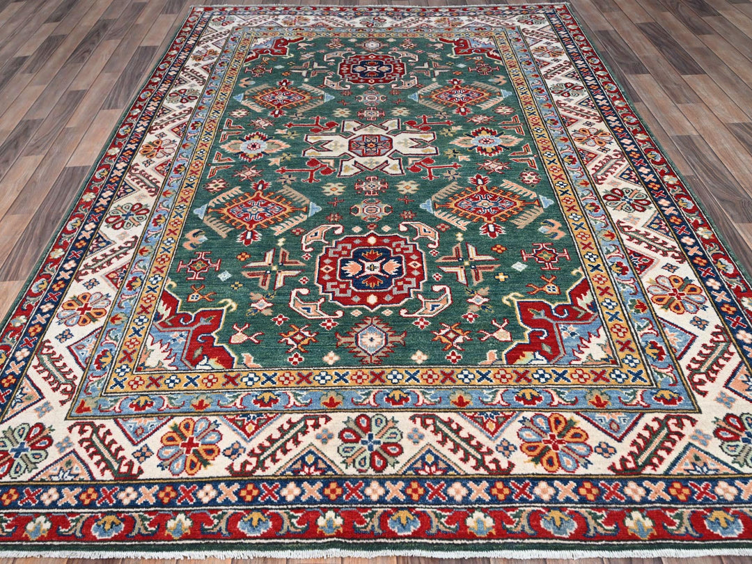 6'1" x 9'2" New Hand Knotted Green Wool Rectangle Oriental Rug - MOA10286804