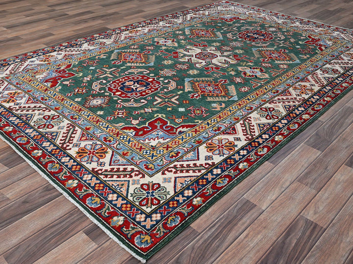 6'1" x 9'2" New Hand Knotted Green Wool Rectangle Oriental Rug - MOA10286804