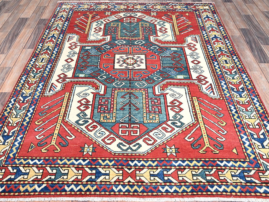 5'0" x 6'6" New Hand Knotted Red Wool Rectangle Oriental Rug - MOA10286809