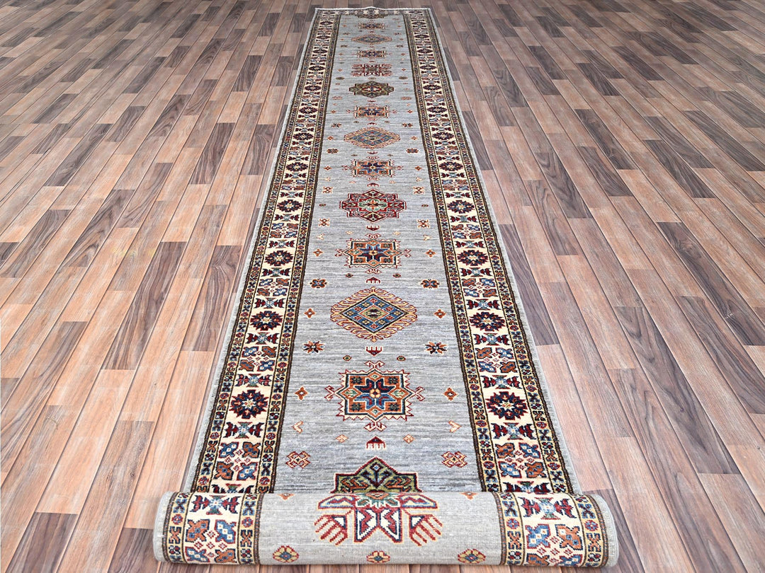 2'9" x 18'2" New Hand Knotted Grey Wool Runner Oriental Rug - MOA10286916