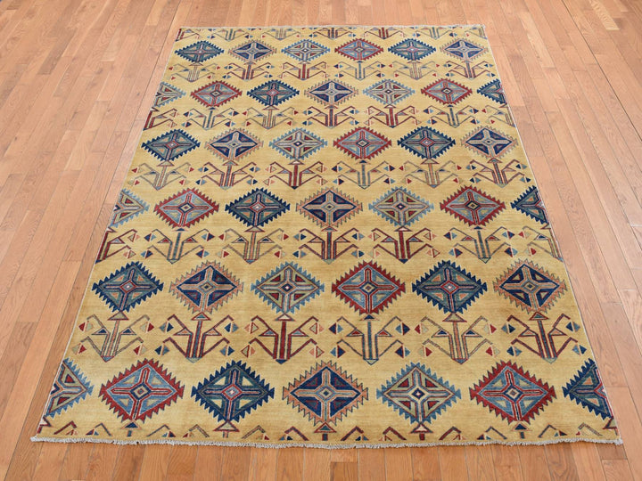 6'1" x 9'1" New Hand Knotted Yellow Wool Rectangle Oriental Rug - MOA10287013
