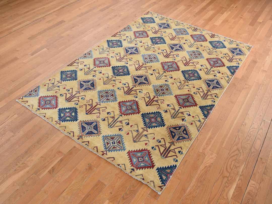 6'1" x 9'1" New Hand Knotted Yellow Wool Rectangle Oriental Rug - MOA10287013