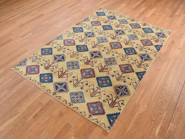 6'1" x 9'1" New Hand Knotted Yellow Wool Rectangle Oriental Rug - MOA10287013