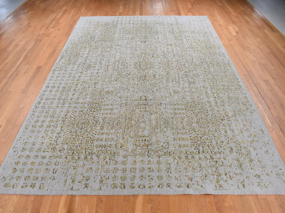 9'10" x 14'0" New Hand Loomed Grey Wool & Silk Rectangle Oriental Rug - MOA10287112