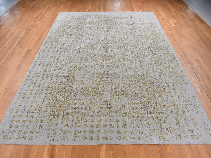 9'10" x 14'0" New Hand Loomed Grey Wool & Silk Rectangle Oriental Rug - MOA10287112