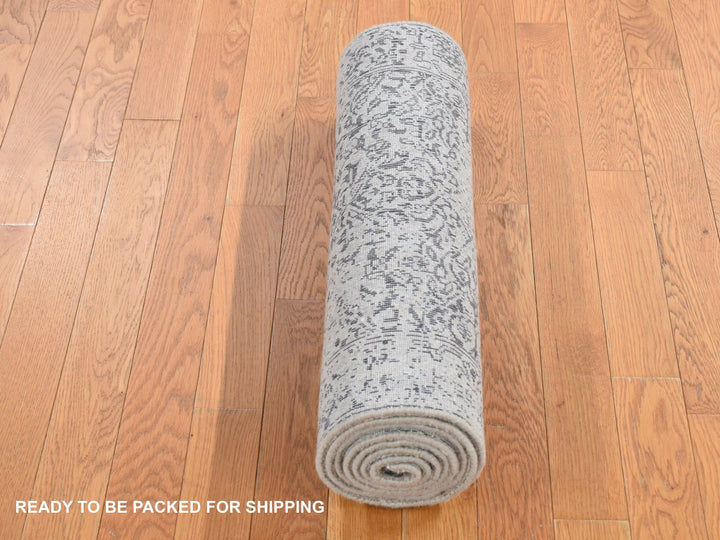 2'5" x 8'2" New Hand Loomed Grey Wool & Silk Runner Oriental Rug - MOA10287228