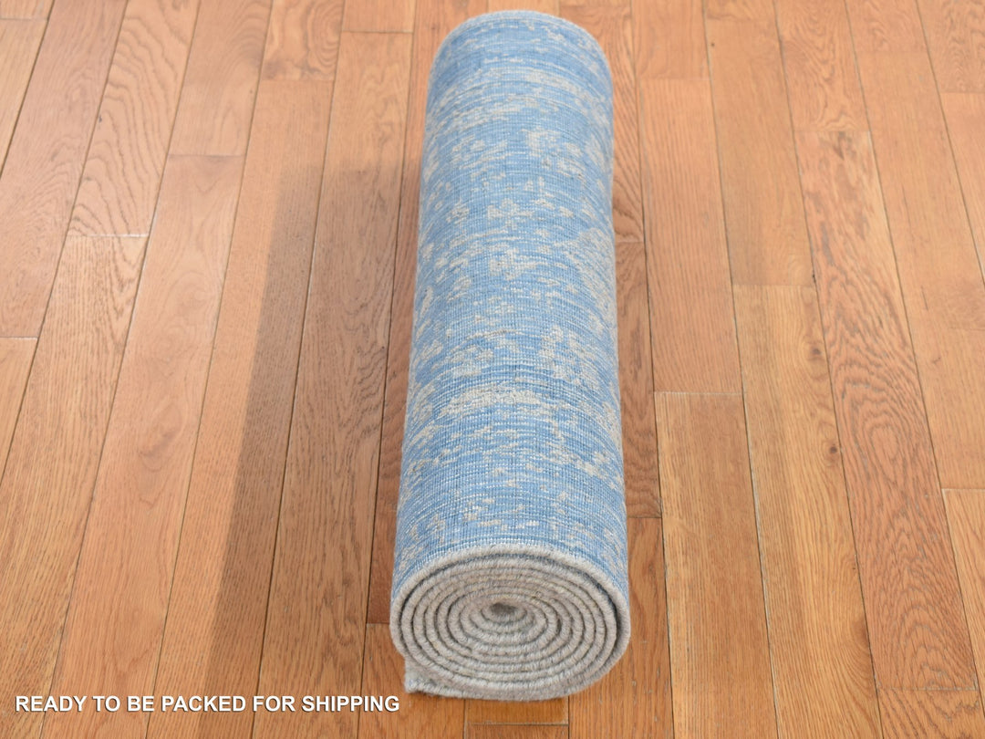 2'5" x 10'1" New Hand Loomed Blue Wool & Art Silk Runner Oriental Rug - MOA10287247