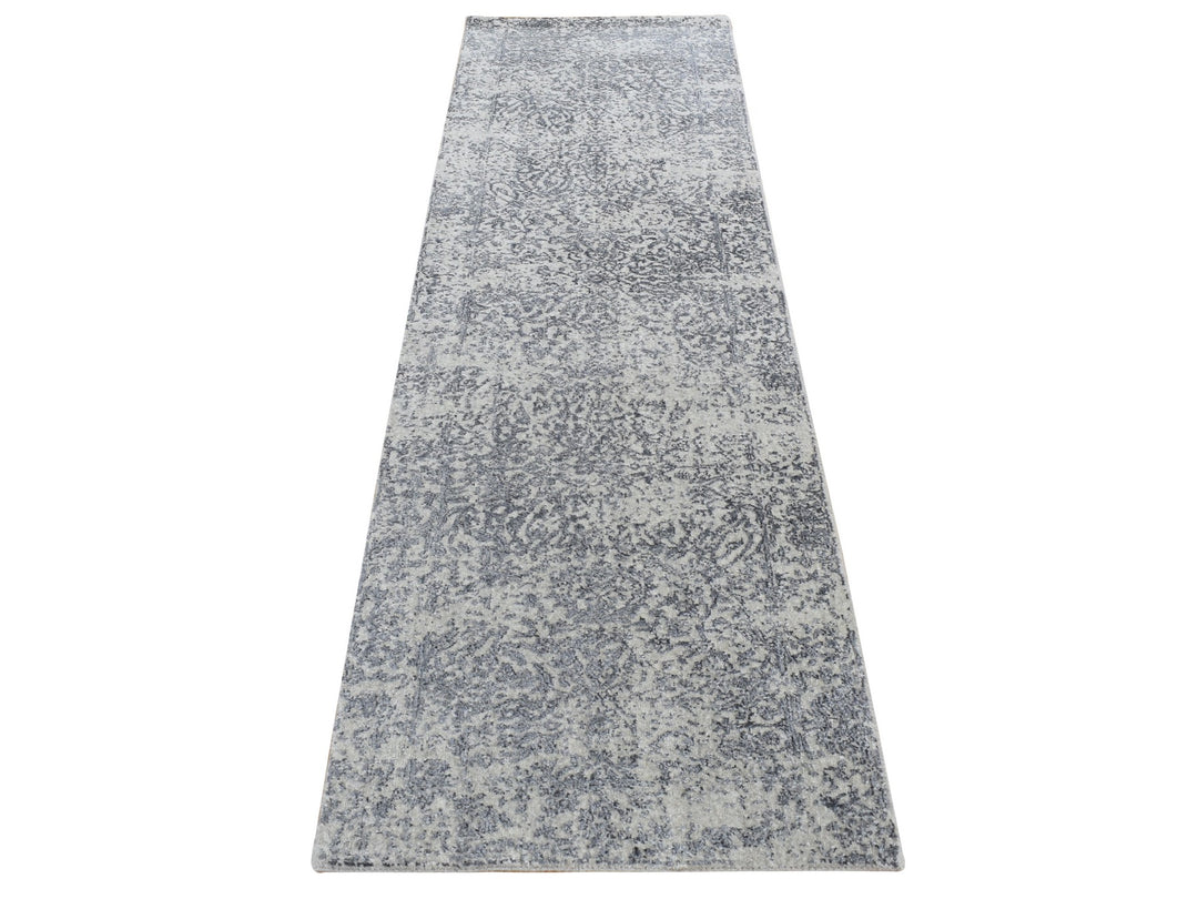 2'5" x 10'1" New Hand Loomed Grey Wool & Silk Runner Oriental Rug - MOA10287271