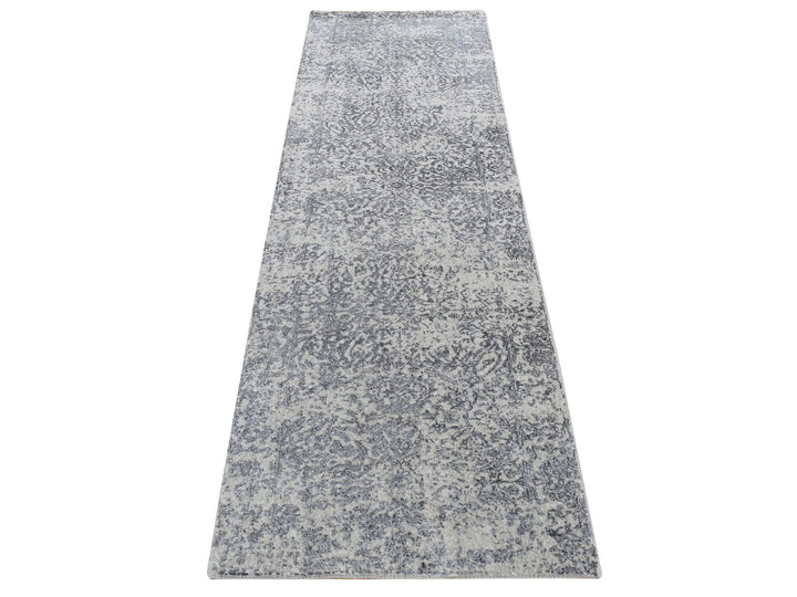 2'5" x 10'1" New Hand Loomed Grey Wool & Silk Runner Oriental Rug - MOA10287271