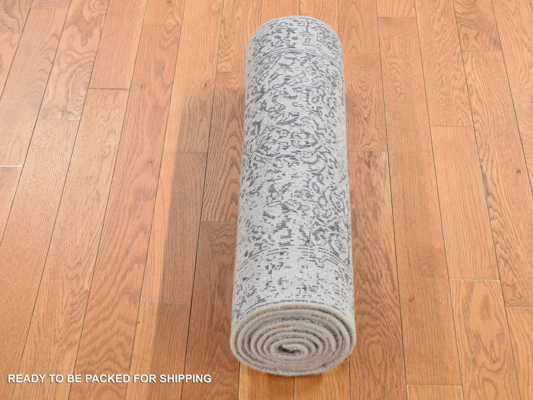 2'5" x 10'1" New Hand Loomed Grey Wool & Silk Runner Oriental Rug - MOA10287271