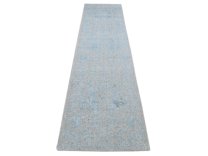 2'6" x 12'1" New Hand Loomed Blue Wool & Art Silk Runner Oriental Rug - MOA10287297