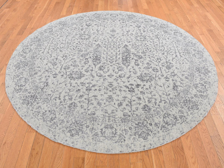 7'9" x 7'9" New Hand Loomed Grey Wool & Silk Round Oriental Rug - MOA10287359