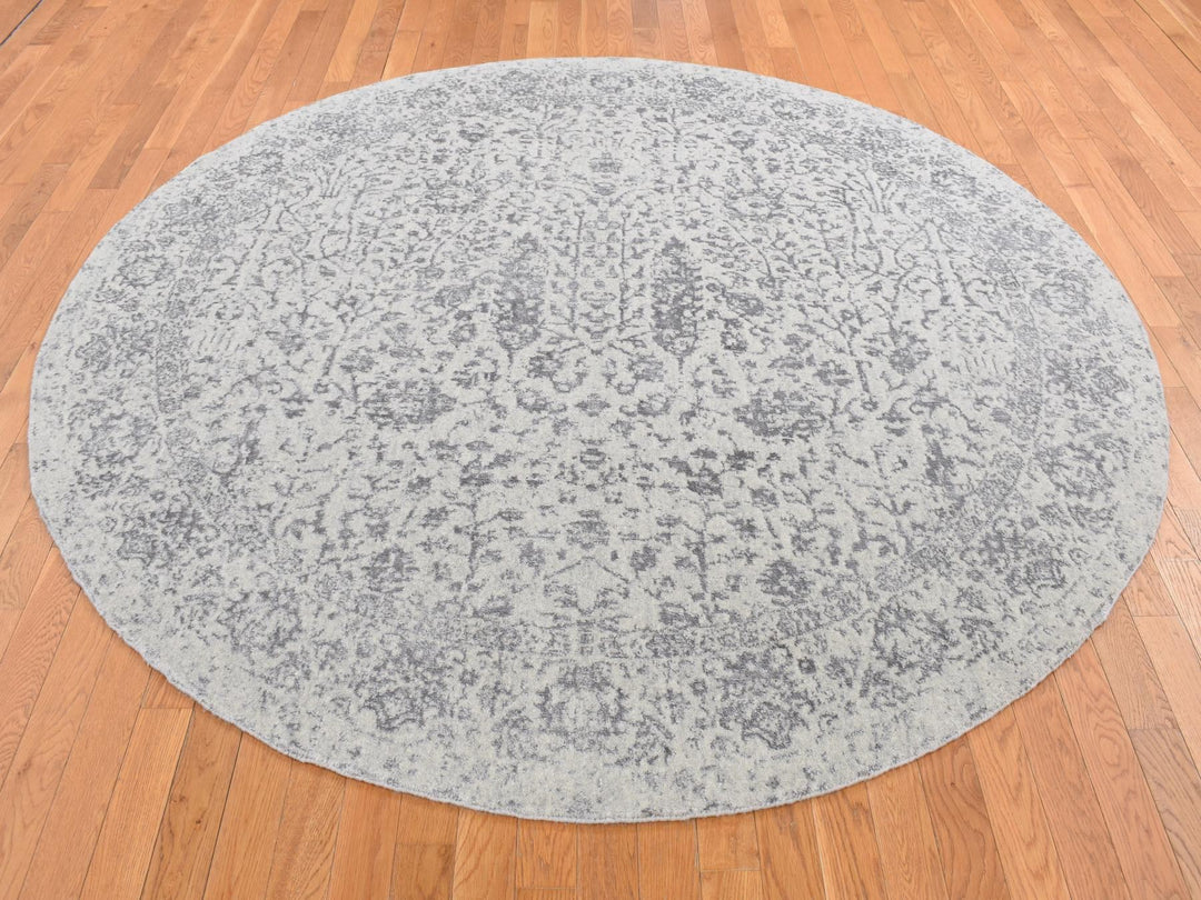 7'9" x 7'9" New Hand Loomed Grey Wool & Silk Round Oriental Rug - MOA10287359