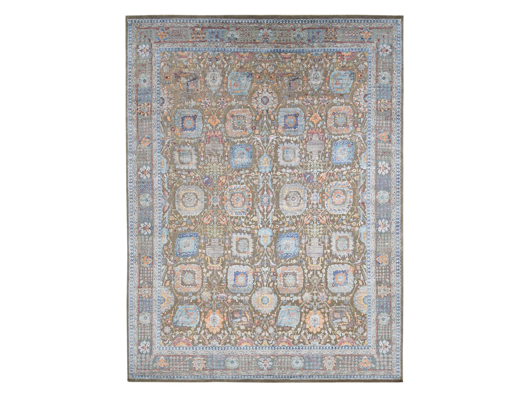 11'9" x 15'2" New Hand Knotted Brown Wool & Silk Rectangle Oriental Rug - MOA10287644