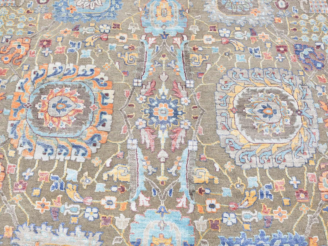 11'9" x 15'2" New Hand Knotted Brown Wool & Silk Rectangle Oriental Rug - MOA10287644