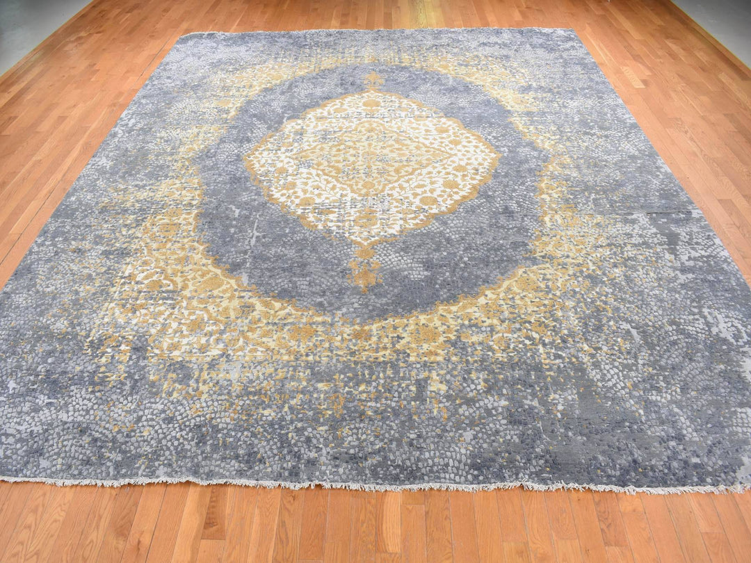 12'0" x 15'1" New Hand Knotted Grey Wool & Silk Rectangle Oriental Rug - MOA10287645