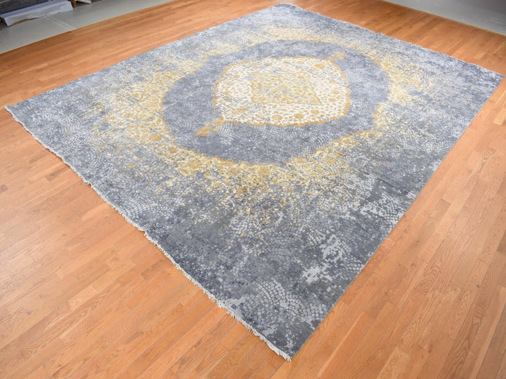 12'0" x 15'1" New Hand Knotted Grey Wool & Silk Rectangle Oriental Rug - MOA10287645