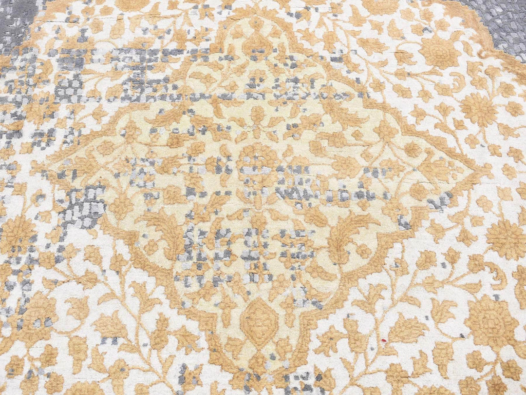 12'0" x 15'1" New Hand Knotted Grey Wool & Silk Rectangle Oriental Rug - MOA10287645