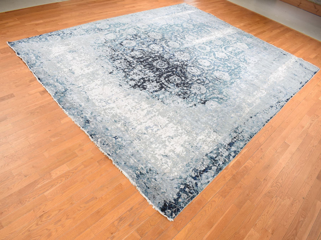 12'0" x 15'1" New Hand Knotted Grey Wool & Silk Rectangle Oriental Rug - MOA10287646