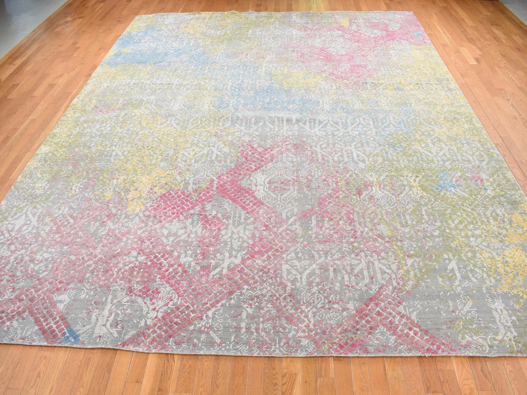 12'0" x 15'0" New Hand Knotted Grey Silk Rectangle Oriental Rug - MOA10287647