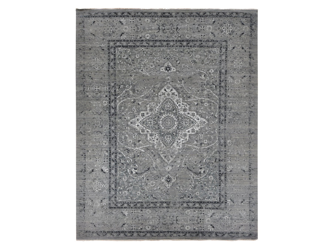12'0" x 15'5" New Hand Knotted Grey Wool & Silk Rectangle Oriental Rug - MOA10287648