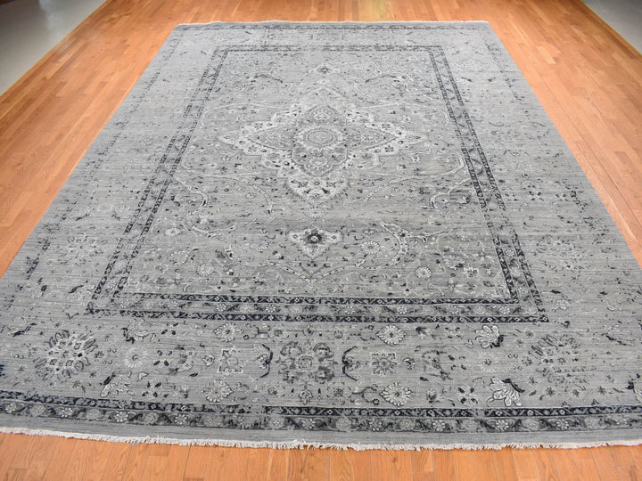 12'0" x 15'5" New Hand Knotted Grey Wool & Silk Rectangle Oriental Rug - MOA10287648