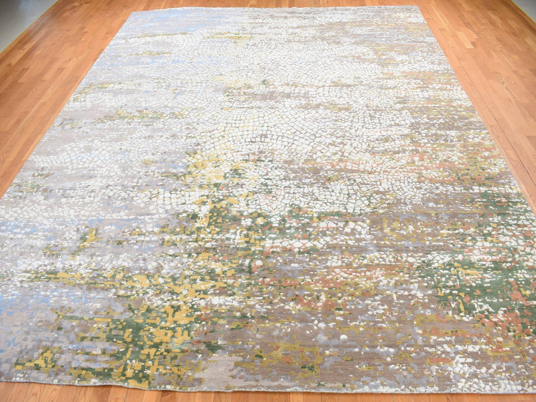 12'0" x 15'0" New Hand Knotted Brown Wool & Pure Silk Rectangle Oriental Rug - MOA10287649