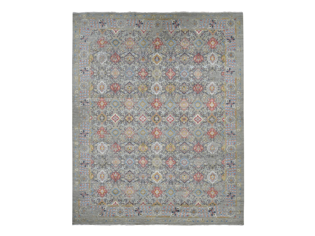 12'0" x 15'1" New Hand Knotted Grey Wool & Pure Silk Rectangle Oriental Rug - MOA10287650