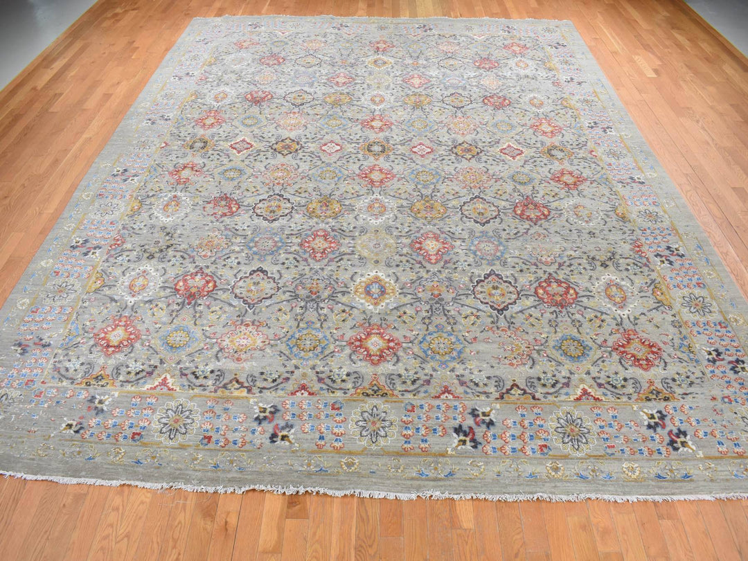 12'0" x 15'1" New Hand Knotted Grey Wool & Pure Silk Rectangle Oriental Rug - MOA10287650