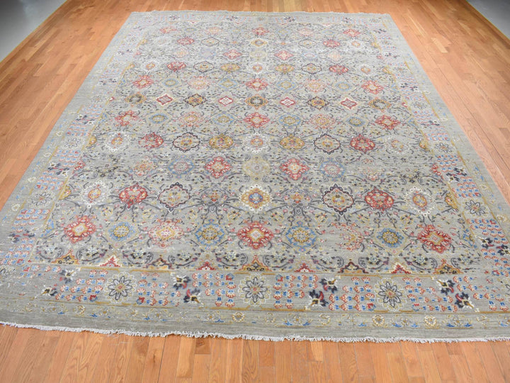 12'0" x 15'1" New Hand Knotted Grey Wool & Pure Silk Rectangle Oriental Rug - MOA10287650