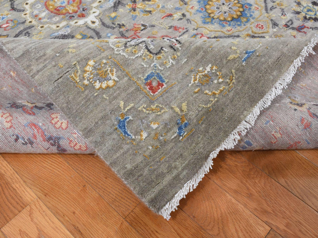12'0" x 15'1" New Hand Knotted Grey Wool & Pure Silk Rectangle Oriental Rug - MOA10287650