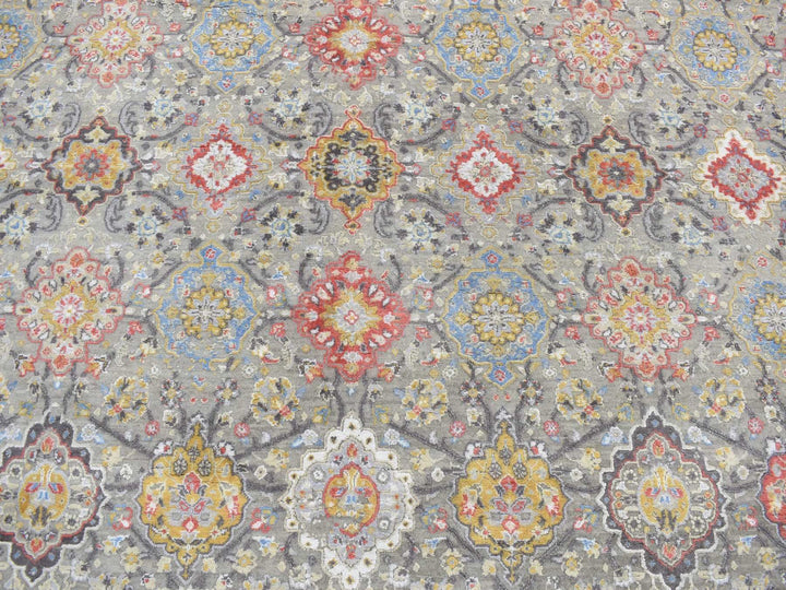 12'0" x 15'1" New Hand Knotted Grey Wool & Pure Silk Rectangle Oriental Rug - MOA10287650