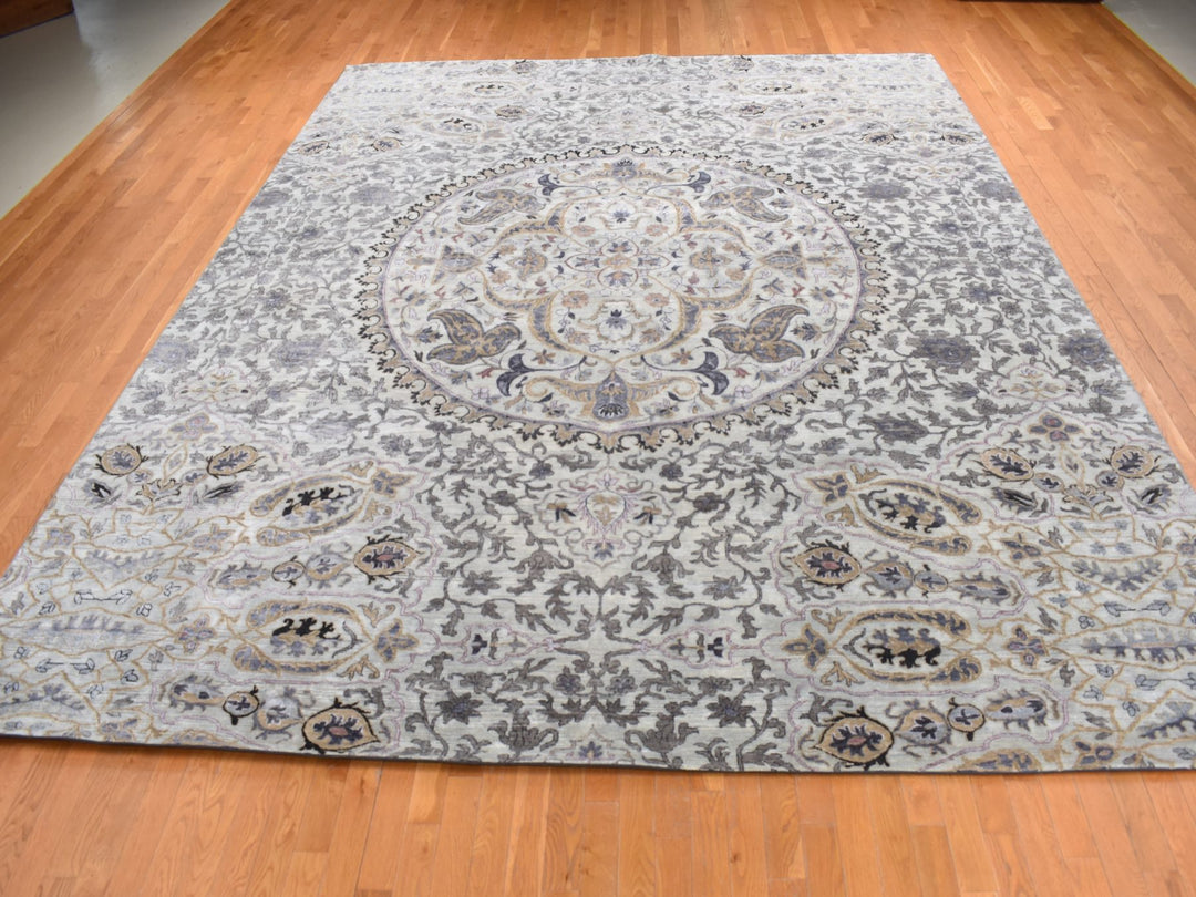 12'0" x 15'0" New Hand Knotted Grey Wool & Silk Rectangle Oriental Rug - MOA10287652