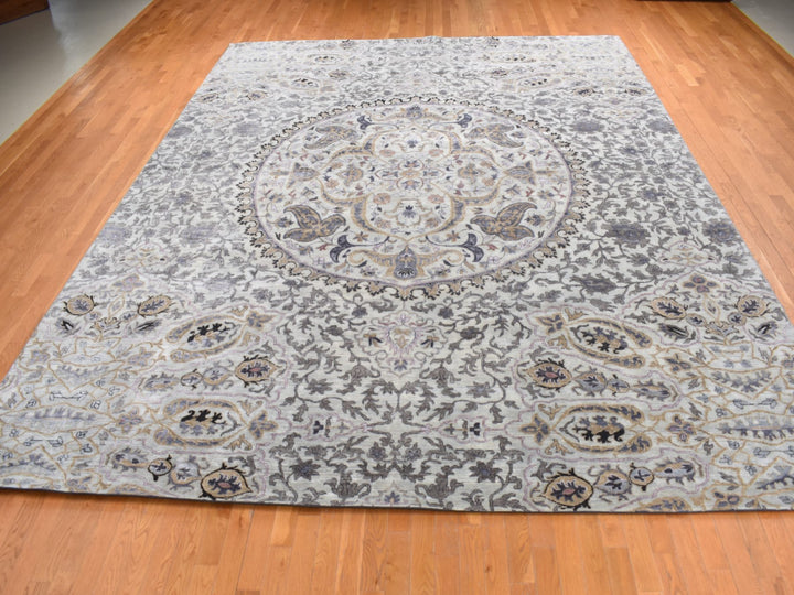 12'0" x 15'0" New Hand Knotted Grey Wool & Silk Rectangle Oriental Rug - MOA10287652