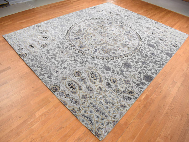 12'0" x 15'0" New Hand Knotted Grey Wool & Silk Rectangle Oriental Rug - MOA10287652