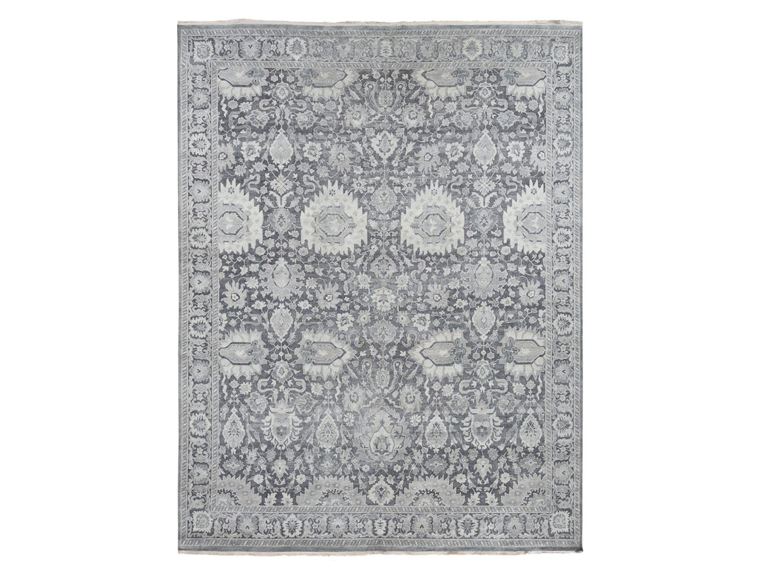 11'10" x 14'10" New Hand Knotted Grey Wool & Silk Rectangle Oriental Rug - MOA10287653